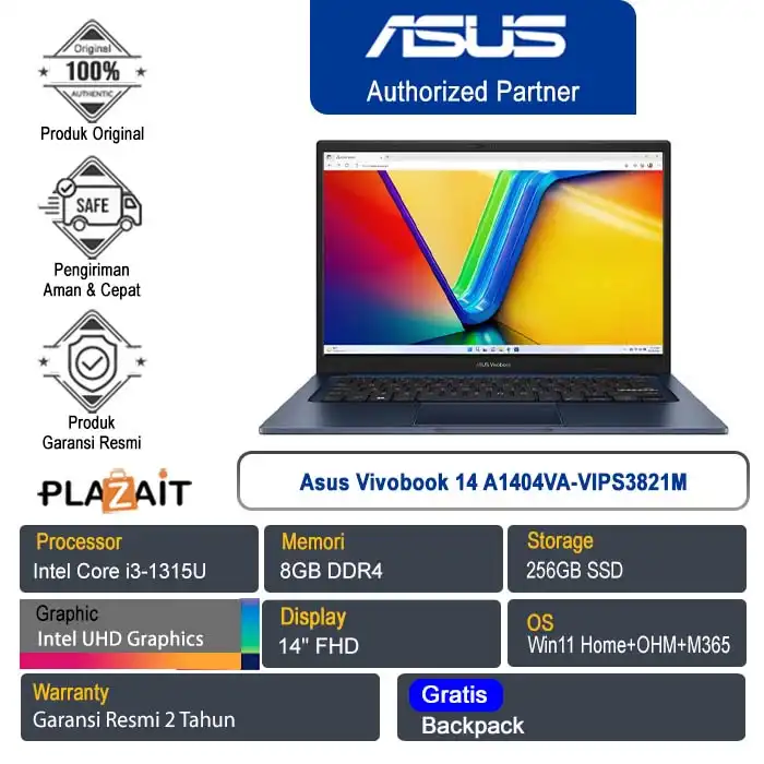 Asus Vivobook 14 A1404VA-VIPS3821M /Intel Core i3-1315U/8GB/256GB SSD/Intel UHD Graphics/14" FHD/Win 11 Home+OHM+M365/Quiet Blue/2Y