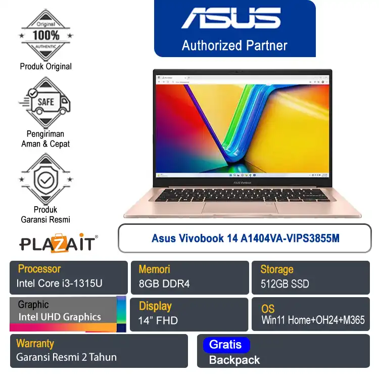 Asus Vivobook 14 A1404VA-VIPS3855M /Intel Core i3-1315U/8GB/512GB SSD/Intel UHD Graphics/14" FHD/Win 11 Home+OH24+M365/Terra Cotta/2Y
