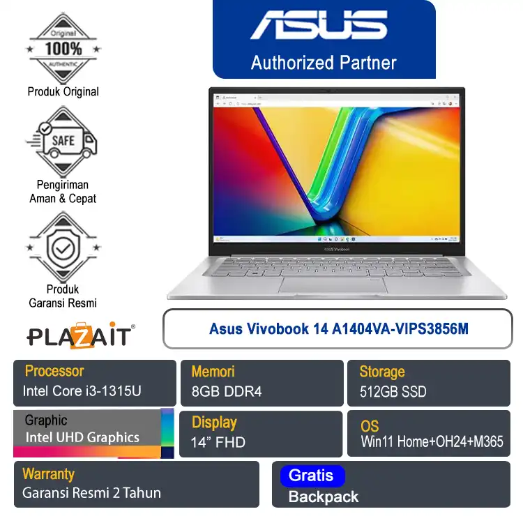 Asus Vivobook 14 A1404VA-VIPS3856M /Intel Core i3-1315U/8GB/512GB SSD/Intel UHD Graphics/14" FHD/Win 11 Home+OH24+M365/Cool Silver/2Y