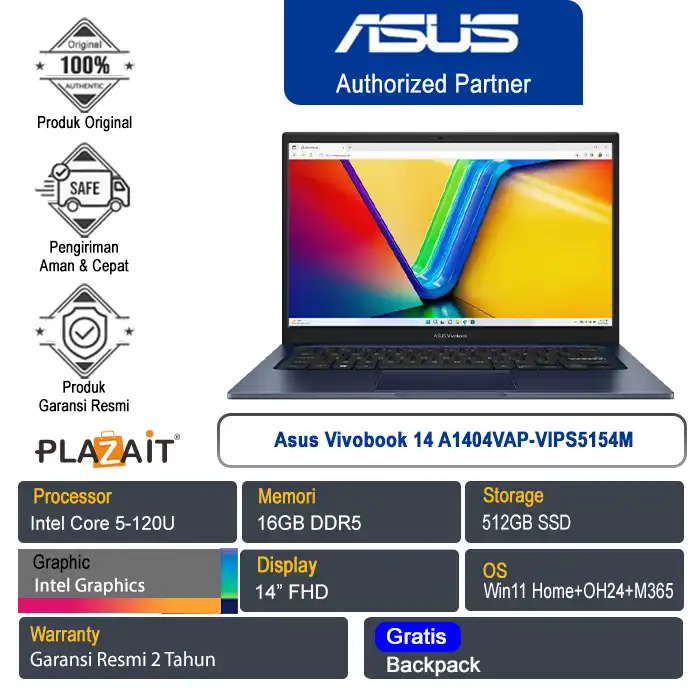 Asus Vivobook 14 A1404VAP-VIPS5154M /Intel Core 5-120U/16GB/512GB SSD/Intel Graphics/14" FHD/Win 11 Home+OH24+M365/Quiet Blue/2Y