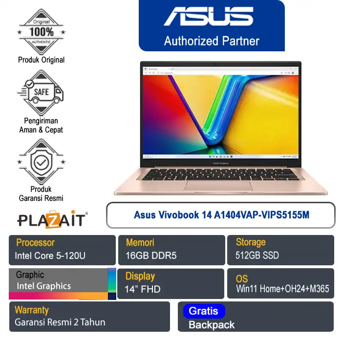Asus Vivobook 14 A1404VAP-VIPS5155M /Intel Core 5-120U/16GB/512GB SSD/Intel Graphics/14" FHD/Win 11 Home+OH24+M365/Terra Cotta/2Y