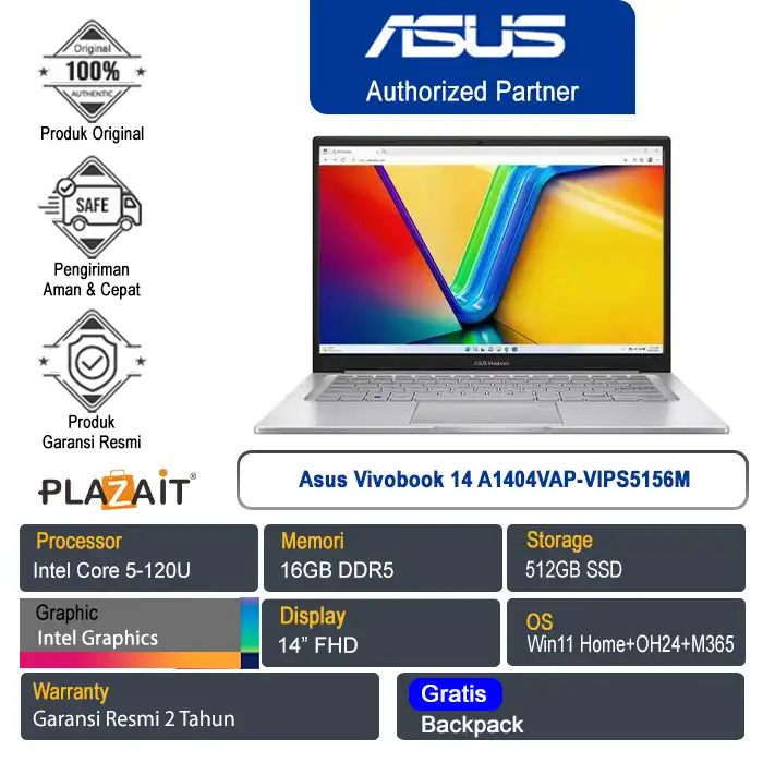 Asus Vivobook 14 A1404VAP-VIPS5156M /Intel Core 5-120U/16GB/512GB SSD/Intel Graphics/14" FHD/Win 11 Home+OH24+M365/Cool Silver/2Y