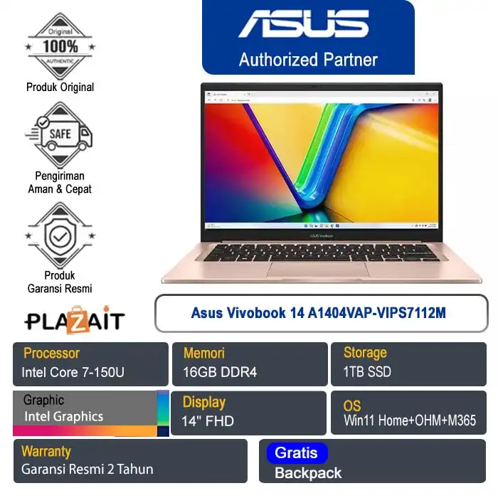 Asus Vivobook 14 A1404VAP-VIPS7112M /Intel Core 7-150U/16GB/1TB SSD/Intel Graphics/14" FHD/Win 11 Home+OHM+M365/Terra Cotta/2Y