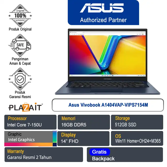 Asus Vivobook A1404VAP-VIPS7154M /Intel Core 7-150U/16GB/512GB SSD/Intel Graphics/14" FHD/Win 11 Home+OH24+M365/Quiet Blue/2Y