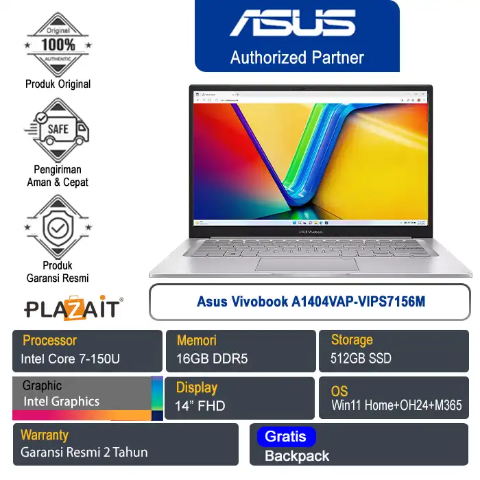 Asus Vivobook A1404VAP-VIPS7156M /Intel Core 7-150U/16GB/512GB SSD/Intel Graphics/14" FHD/Win 11 Home+OH24+M365/Cool Silver/2Y