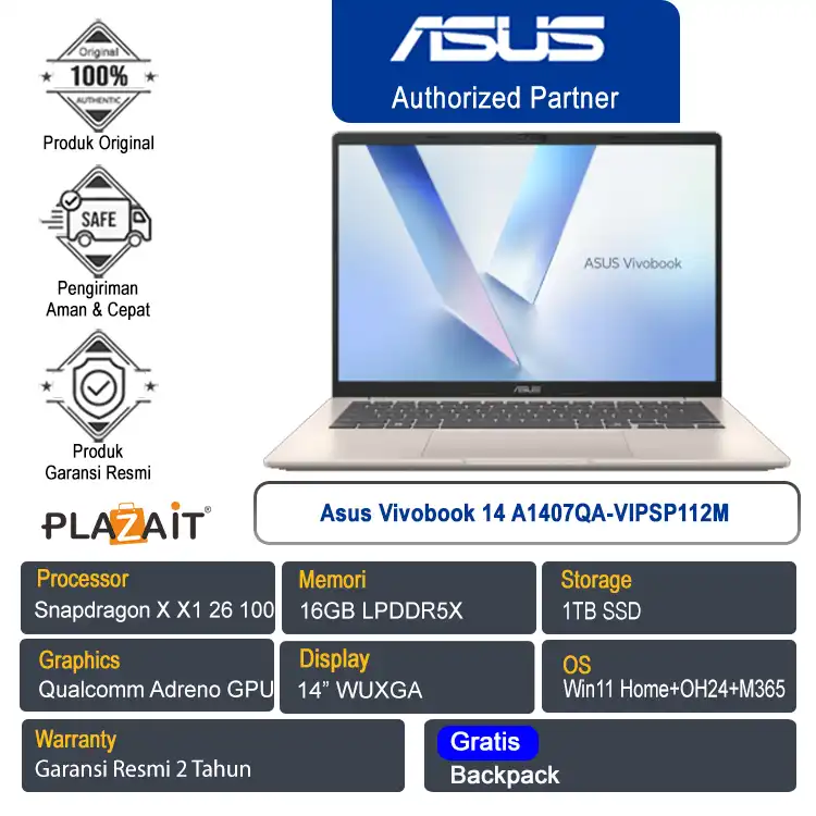 Asus Vivobook 14 A1407QA-VIPSP112M /Snapdragon X X1 26 100/16GB/1TB SSD/Qualcomm Adreno GPU/14" WUXGA/Win 11 Home+OH24+M365/Platinum Gold/2Y