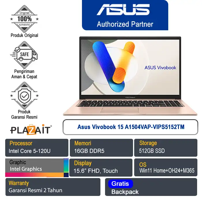 Asus Vivobook 15 A1504VAP-VIPS5152TM /Intel Core 5-120U/16GB/512GB SSD/Intel Graphics/15.6" FHD Touch/Win 11 Home+OH24+M365/Terra Cotta/2Y