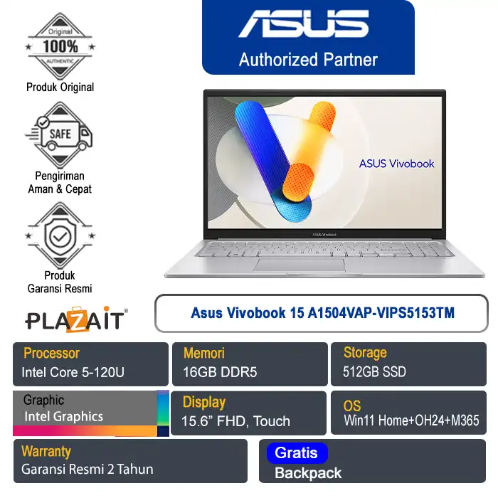 Asus Vivobook 15 A1504VAP-VIPS5153TM /Intel Core 5-120U/16GB/512GB SSD/Intel Graphics/15.6" FHD Touch/Win 11 Home+OH24+M365/Cool Silver/2Y