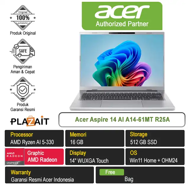 Acer Aspire 14 AI A14-61MT R25A /AMD Ryzen AI 5-330/16GB/512GB SSD/AMD Radeon Graphics/14" WUXGA Touch/Win 11 Home+OH24+M365/Pure Silver