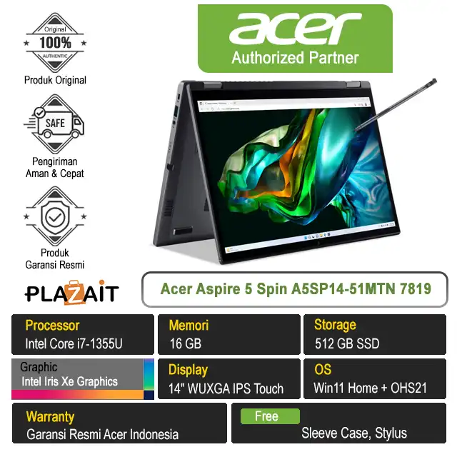 Acer Aspire 5 Spin A5SP14-51MTN 7819 /Intel Core i7-1355U/16GB/512GB SSD/Intel Iris Xe Graphics/14″ WUXGA Touch/Win 11 Home+OHS21/Steel Gray
