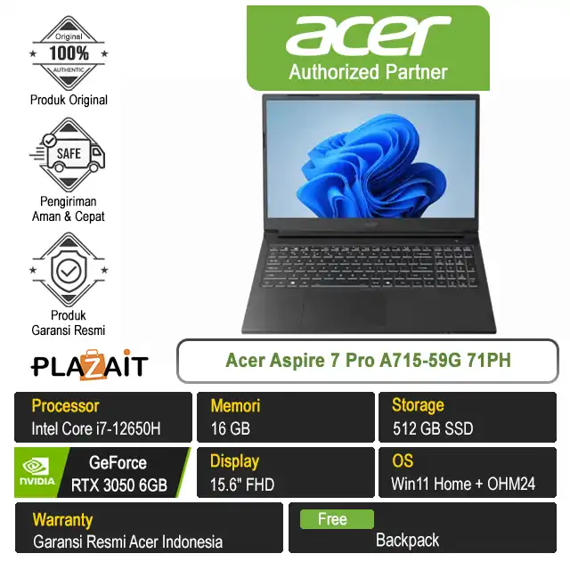 Acer Aspire 7 Pro A715-59G 71PH /Intel Core i7-12650H/16GB/512GB SSD/RTX3050 6GB/15.6" FHD/Win 11 Home+OH24+M365/Black