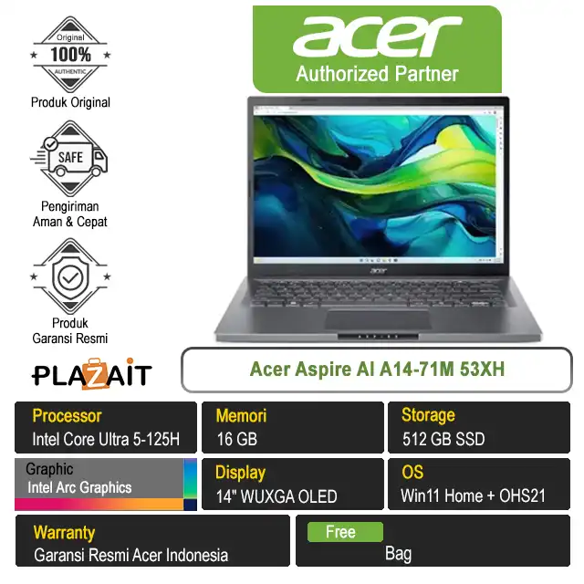 Acer Aspire AI A14-71M 53XH /Intel Core Ultra 5-125H/16GB/512GB SSD/Intel Arc Graphics/14" WUXGA OLED/Win 11 Home+OHS21/Steel Grey