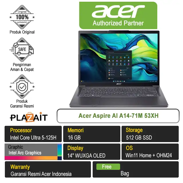Acer Aspire AI A14-71M 53XH /Intel Core Ultra 5-125H/16GB/512GB SSD/Intel Arc Graphics/14" WUXGA OLED/Win 11 Home+OH24+M365/Steel Grey