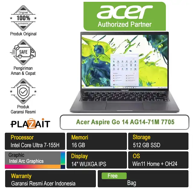 Acer Aspire Go 14 AG14-71M 7705 /Intel Core Ultra 7-155H/16GB/512GB SSD/Intel Arc Graphics/14" WUXGA/Win 11 Home+OH24/Space Grey