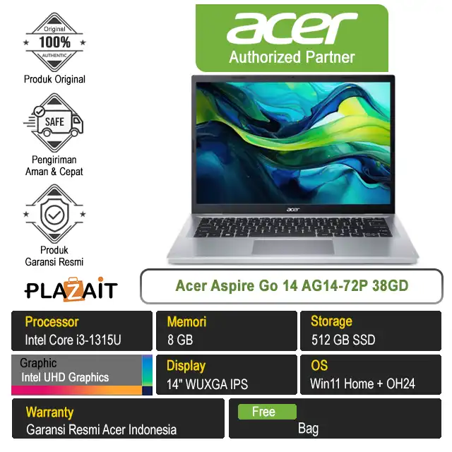 Acer Aspire Go 14 AG14-72P 38GD /Intel Core i3-1315U/8GB/512GB SSD/Intel UHD Graphics/14" WUXGA/Win 11 Home+OH24/Light Silver