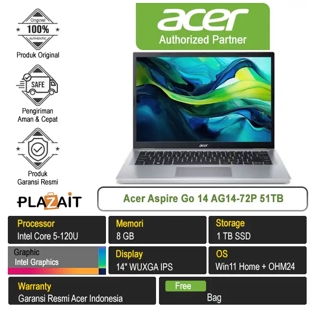 Acer Aspire Go 14 AG14-72P 51TB /Intel Core 5-120U/8GB/1TB SSD/Intel Graphics/14" WUXGA/Win 11 Home+OH24+M365/Pure Silver