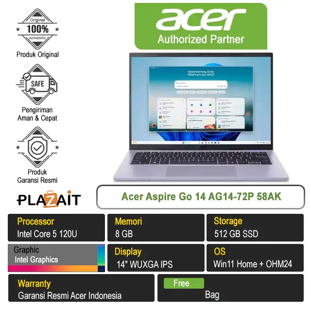 Acer Aspire Go 14 AG14-72P 58AK /Intel Core 5-120U/8GB/512GB SSD/Intel Graphics/14" WUXGA/Win 11 Home+OH24+M365/Mood Lilac