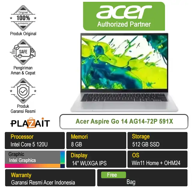 Acer Aspire Go 14 AG14-72P 591X	/Intel Core 5-120U/8GB/512GB SSD/Intel Graphics/14" WUXGA/Win 11 Home+OH24+M365/Matcha Sage