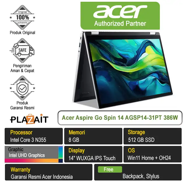 Acer Aspire Go Spin 14 AGSP14-31PT 386W /Intel Core 3 N355/8GB/512GB SSD/Intel UHD Graphics/14" WUXGA Touch/Win 11 Home+OH24/Pure Silver
