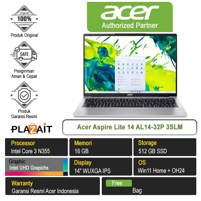 Acer Aspire Lite 14 AL14-32P 3SLM /Intel Core 3 N355/16GB/512GB SSD/Intel UHD Graphics/14" WUXGA/Win 11 Home+OH24+M365/Silver