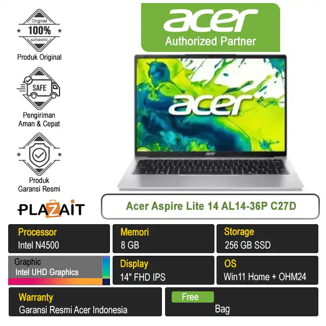 Acer Aspire Lite 14 AL14-36P C27D /Intel N4500/8GB/256GB SSD/Intel UHD Graphics/14" FHD IPS/Win 11 Home+OH24+M365/Silver