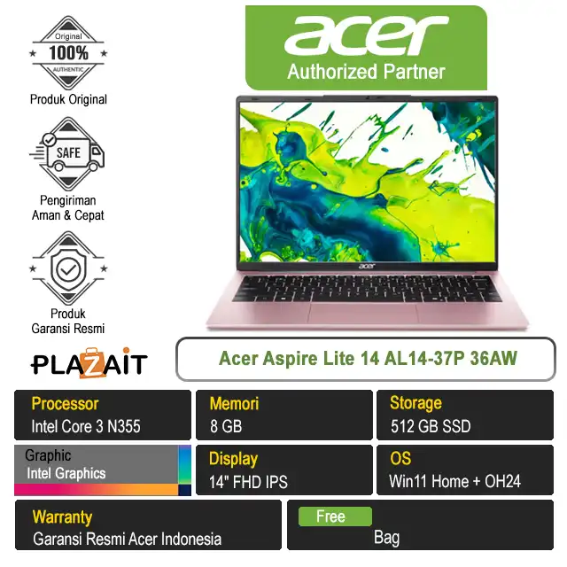 Acer Aspire Lite 14 AL14-37P 36AW /Intel Core 3 N355/8GB/512GB SSD/Intel Graphics/14" FHD/Win 11 Home+OH24/Rose Sakura
