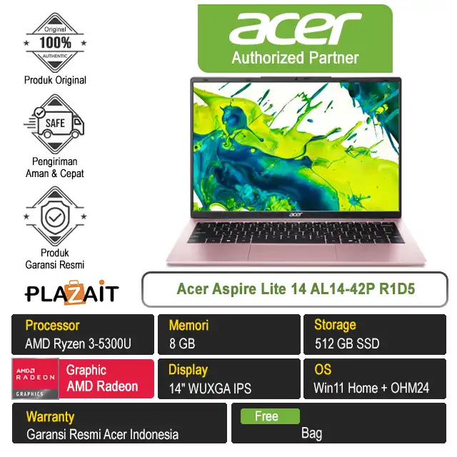 Acer Aspire Lite 14 AL14-42P R1D5 /AMD Ryzen 3-5300U/8GB/512GB SSD/AMD Radeon Graphics/14" WUXGA/Win 11 Home+OH24+M365/Rose Sakura