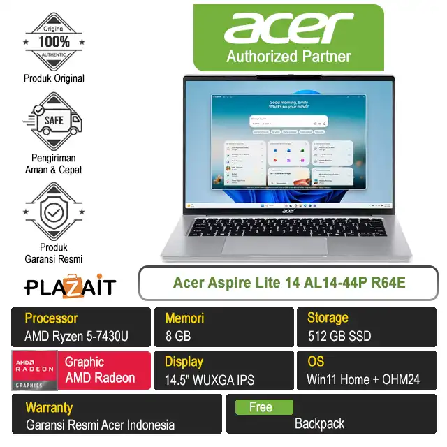 Acer Aspire Lite 14 AL14-44P R64E /AMD Ryzen 5-7430U/8GB/512GB SSD/AMD Radeon Graphics/14.5″ WUXGA IPS/Win 11 Home+OH24+M365/Light Silver