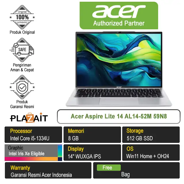 Acer Aspire Lite 14 AL14-52M 59N8 /Intel Core i5-1334U/8GB/512GB SSD/Intel Iris Xe Eligible/14" WUXGA/Win 11 Home+OH24/Pure Silver