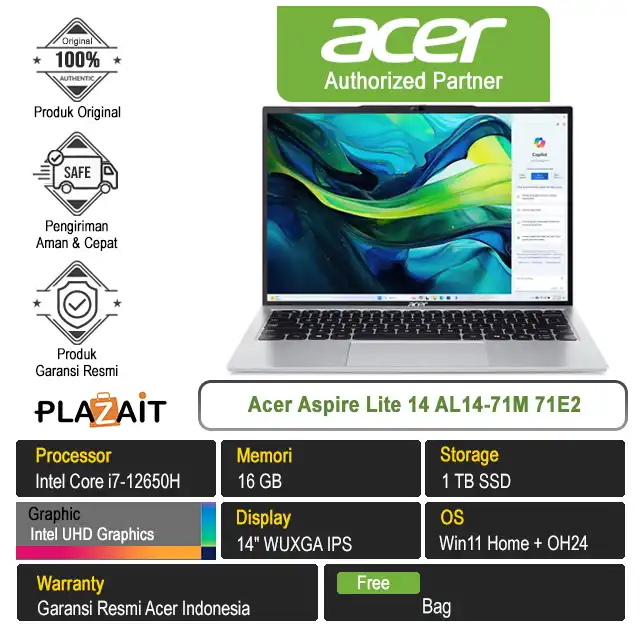 Acer Aspire Lite 14 AL14-71M 71E2 /Intel Core i7-12650H/16GB/1TB SSD/Intel UHD Graphics/14" WUXGA/Win 11 Home+OH24/Light Silver