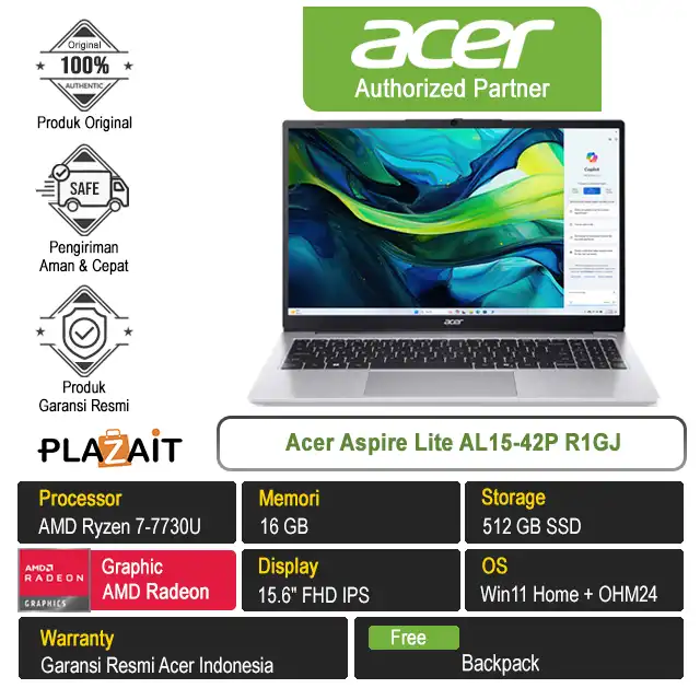 Acer Aspire Lite AL15-42P R1GJ /AMD Ryzen 7-7730U/16GB/512GB SSD/AMD Radeon Graphics/15.6″ FHD/Win 11 Home+OH24+M365/Light Silver