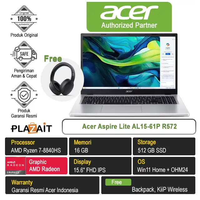 Acer Aspire Lite 15 AI AL15-61P R572 /AMD Ryzen 7-8840HS/16GB/512GB SSD/AMD Radeon Graphics/15.6″ FHD/Win 11 Home+OH24+M365/Light Silver