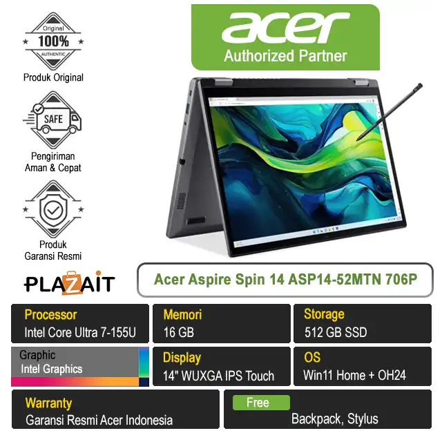 Acer Aspire Spin 14 ASP14-52MTN 706P /Intel Core Ultra 7-155U/16GB/512GB SSD/Intel Graphics/14" WUXGA Touch/Win 11 Home+OH24/Steel Gray