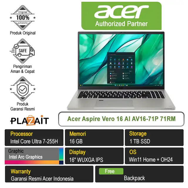 Acer Aspire Vero 16 AI AV16-71P 71RM /Intel Core Ultra 7-255H/16GB/1TB SSD/Intel Arc Graphics/16″ WUXGA/Win 11 Home+OH24/Cobblestone Grey