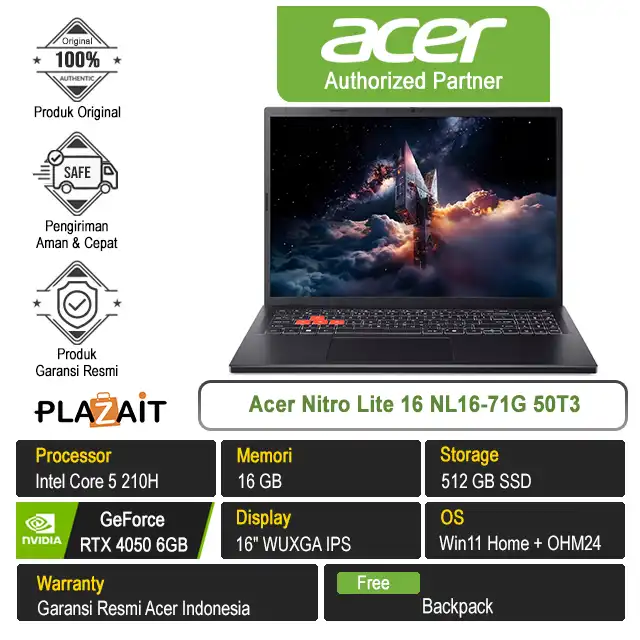 Acer Nitro Lite 16 NL16-71G 50T3 /Intel Core 5 210H/16GB/512GB SSD/RTX4050 6GB/16" WUXGA/Win 11 Home+OH24+M365/Shale Black