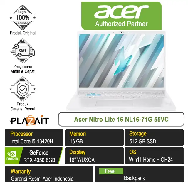 Acer Nitro Lite 16 NL16-71G 55VC /Intel Core i5-13420H/16GB/512GB SSD/RTX4050 6GB/16" WUXGA/Win 11 Home+OH24/Pearl White