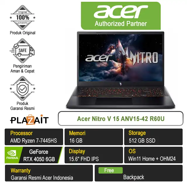 Acer Nitro V 15 ANV15-42 R60U /AMD Ryzen 7-7445HS/16GB/512GB SSD/RTX4050 6GB/15.6" FHD/Win 11 Home+OH24+M365/Black