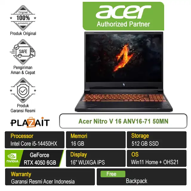 Acer Nitro V 16 ANV16-71 50MN /Intel Core i5-14450HX/16GB/512GB SSD/RTX4050 6GB/16″ WUXGA/Win 11 Home+OHS21/Black