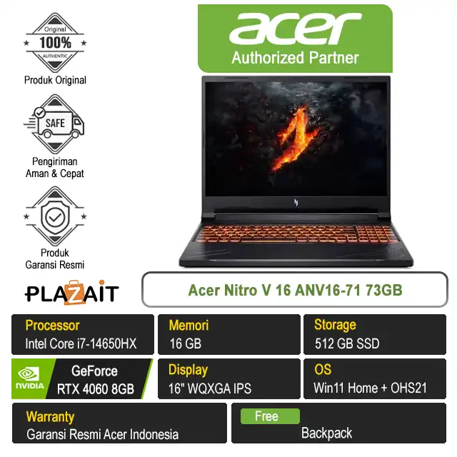 Acer Nitro V 16 ANV16-71 73GB /Intel Core i7-14650HX/16GB/512GB SSD/RTX4060 8GB/16″ WQXGA/Win 11 Home+OHS21/Black