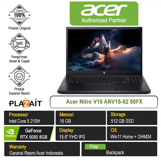 Acer Nitro V15 ANV15-52 50FX /Intel Core 5 210H/16GB/512GB SSD/RTX5050 8GB/15.6″ FHD/Win 11 Home+OH24+M365/Black