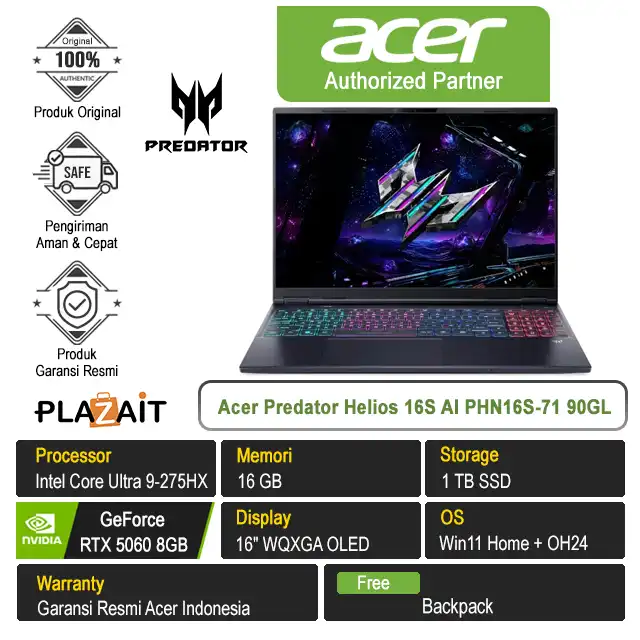 Acer Predator Helios Neo 16S AI PHN16S-71 90GL /Intel Core Ultra 9-275HX/16GB/1TB SSD/RTX5060 8GB/16″ WQXGA/Win 11 Home+OH24/Black