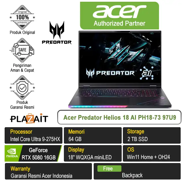 Acer Predator Helios 18 AI PH18-73 97U9 /Intel Core Ultra 9-275HX/64GB/2TB SSD/RTX5080 16GB/18″ WQXGA/Win 11 Home+OH24/Black
