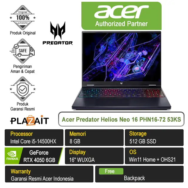 Acer Predator Helios Neo 16 PHN16-72 53KS /Intel Core i5-14500HX/8GB/512GB SSD/RTX4050 6GB/16″ WUXGA/Win 11 Home+OHS21/Black