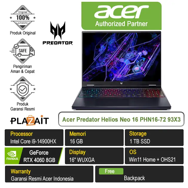 Acer Predator Helios Neo 16 PHN16-72 93X3 /Intel Core i9-14900HX/16GB/1TB SSD/RTX4060 8GB/16″ WUXGA/Win 11 Home+OHS21/Black