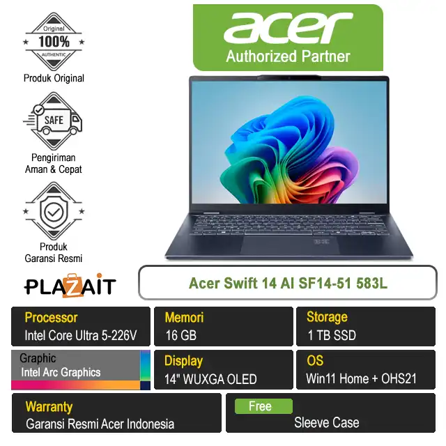 Acer Swift 14 AI SF14-51 583L /Intel Core Ultra 5-226V/16GB/1TB SSD/Intel Arc Graphics/14″ WUXGA OLED/Win 11 Home+OHS21/Steam Blue 