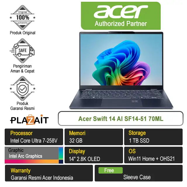Acer Swift 14 AI SF14-51 70ML /Intel Core Ultra 7-258V/32GB/1TB SSD/Intel Arc Graphics/14″ 2.8K OLED/Win 11 Home+OHS21/Steam Blue 
