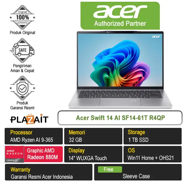 Acer Swift 14 AI SF14-61T R4QP /AMD Ryzen AI 9-365/32GB/1TB SSD/AMD Radeon Graphics/14″ WUXGA Touch/Win 11 Home+OHS21/Pure Silver