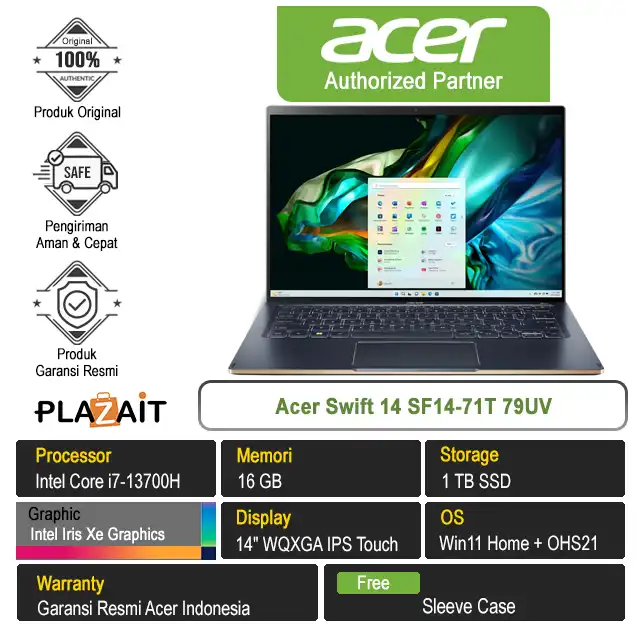 Acer Swift 14 SF14-71T 79UV /Intel Core i7-13700H/16GB/1TB SSD/Intel Iris Xe Graphics/14″ WQXGA Touch/Win 11 Home+OHS21/Steam Blue 