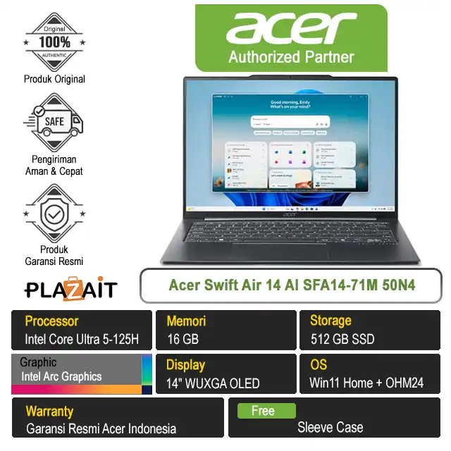 Acer Swift Air 14 AI SFA14-71M 50N4 /Intel Core Ultra 5-125H/16GB/512GB SSD/Intel Arc Graphics/14″ WUXGA OLED/Win 11 Home+OH24+M365/Silver