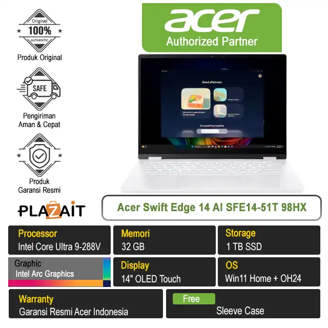 Acer Swift Edge 14 AI SFE14-51T 98HX /Intel Core Ultra 9-288V/32GB/1TB SSD/Intel Arc Graphics/14″ OLED Touch/Win 11 Home+OH24/Pearl White